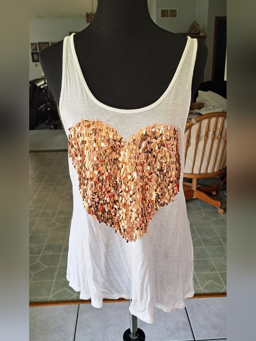 Vanity White Tank with Gold Sequin Heart